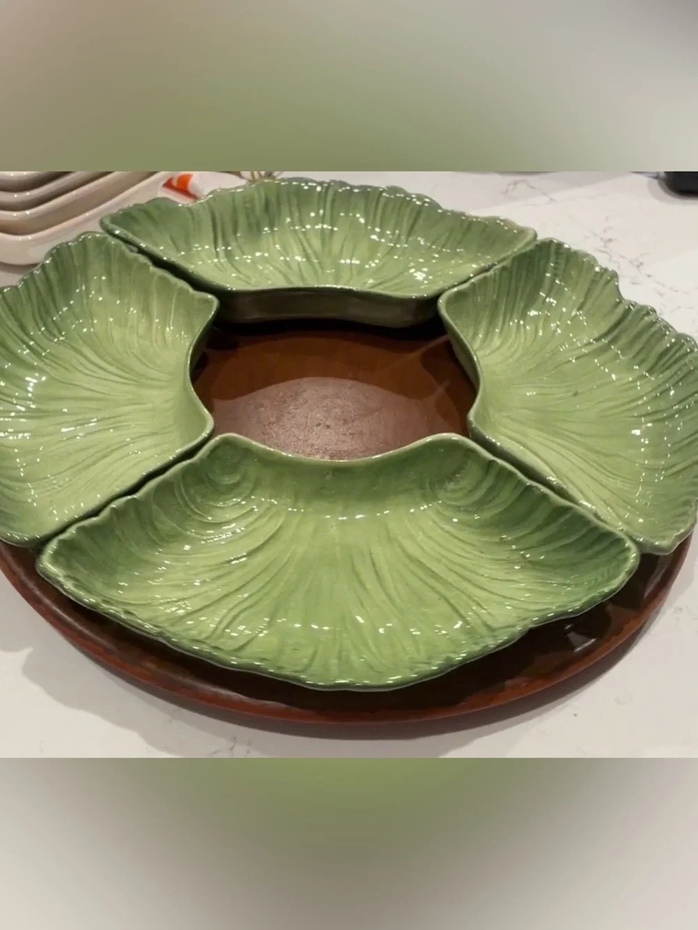 Vintage Maddux of California Green Cabbage Leaf Divided Lazy Susan Serving Set